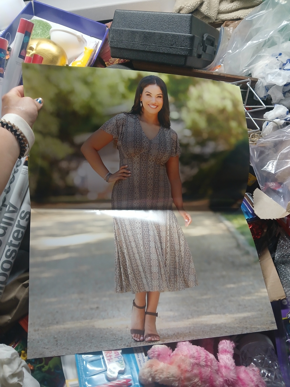 model wearing a short-sleeve midi dress with a V-neckline24"x20"cato Poster